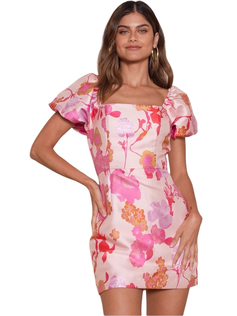 Lulus So Stunning Pink Floral Square-Neck Puff Sleeve Mini Dress XL